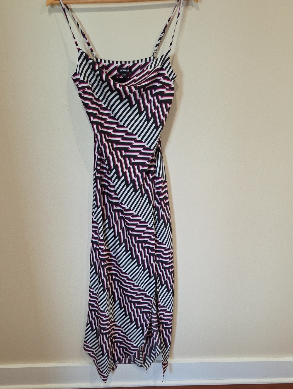 Express Geometric Stripe Maxi Slip Dress in Pink, Black & White